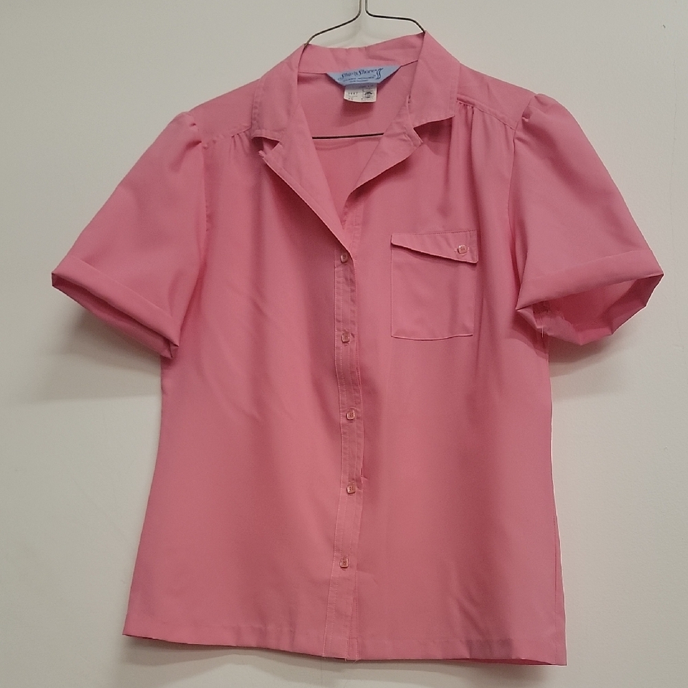 Vintage 70s 80s Pink Unique Buttons Pocket Women's Roll Cuff Sz 10 Large